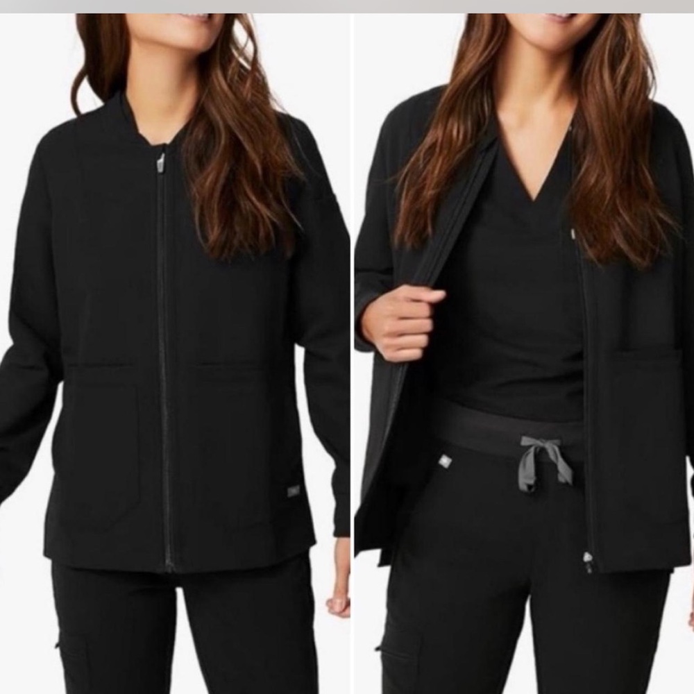 Figs Technical collection Bellery black full Zip Scrub Jacket w pockets medical